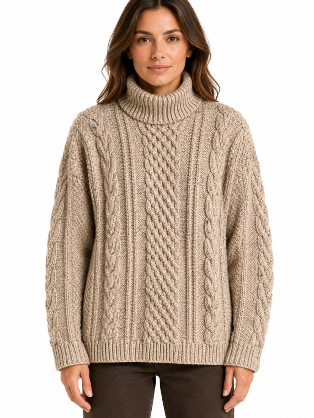 Vintage Chunky Cable Knit Mock Neck Sweater Beige Oatmeal Cozy Oversized
